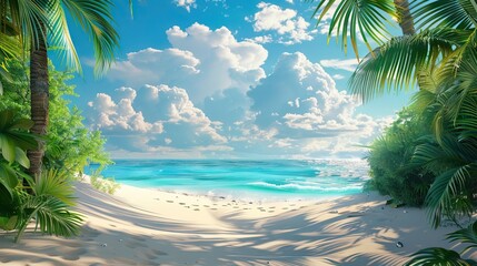 Wall Mural - panorama of tropical beach with coconut palm trees. AI generated illustration