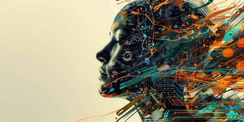 Poster - Futuristic Digital Human Face with Circuitry. Generative ai