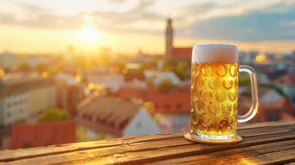 Wall Mural - mug of beer on wooden table with blurred cityscape view, oktoberfest concept