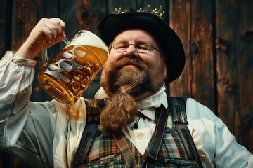 Portrait of fat bearded man in traditional Bavarian clothes drinking beer.