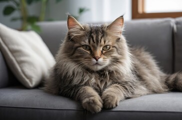 Poster - Fluffy long-haired gray cat relaxing on couch looking at camera