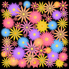 Sticker - multicolor square background: bright colorful flowers against black