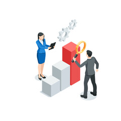 Wall Mural - isometric vector business people analyzing a chart , in color on a white background, statistics data research and professional team work