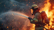 © danielkosh - A firefighter courageously battles a raging blaze, symbolizing bravery and resilience. Ideal for emergency response and heroism themes.