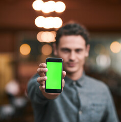 Poster - Man, hand and phone with green screen for internet research, website mockup and brewery promotion. Entrepreneur guy, chroma key and mobile with advertising space, communication and distillery review