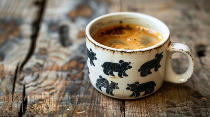 Sticker - Vintage style coffee with bear pattern in white cup on wooden backdrop