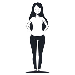 Canvas Print - Cartoon woman smiling, full body standing, isolated on white background. Flat design, Solid color.