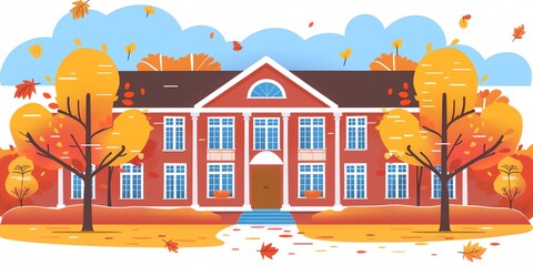 Wall Mural - A cartoon drawing of a school house with a red roof and a flag on top. The house is surrounded by trees with leaves falling from them. Scene is peaceful and nostalgic