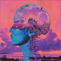 Wall Mural - dreamy silhouette with cosmic elements in sunset hues halloween