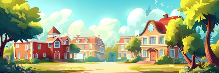 Wall Mural - A cartoonish drawing of a small town with a red brick building and a white house. The scene is peaceful and serene, with a clear blue sky and trees in the background