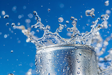 Canvas Print - A splash of water around a cold drink can with a clear blue sky background. Concept of refreshment and hydration.