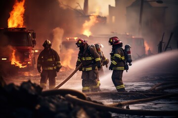 Teamwork. A group of firefighters while extinguishing a fire. Brave people doing dangerous work. 911