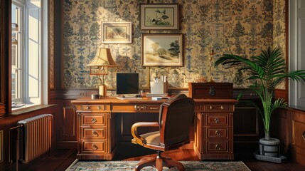 brown desk and wallpaper