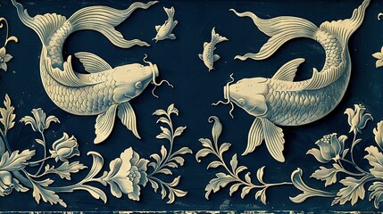 Sticker -   A painting featuring two golden fish in a water pond surrounded by lush foliage and vibrant flora on the wall