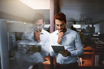Leinwandbilder - Businessman, tablet and night with thinking, research and overtime work and data analysis. Web designer, technology and database for man, cloud computing and b2b networking for online communication