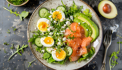 Wall Mural - Ketogenic diet breakfast. Salt salmon salad with greens, cucumbers, eggs and avocado. Keto/paleo lunch. Top view