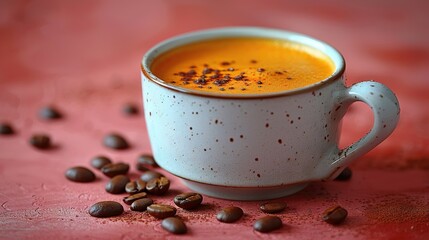 Wall Mural -   A zoomed-in image of a coffee mug on a table with coffee grounds scattered on a pink background