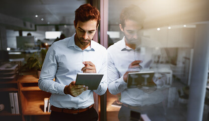 Leinwandbilder - Programmer, tablet and thinking with night, research and overtime work and data analysis. Web designer, technology and database for man, cloud computing and b2b networking for online communication