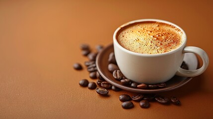 Wall Mural -   A cup of coffee atop two saucers, one containing coffee beans