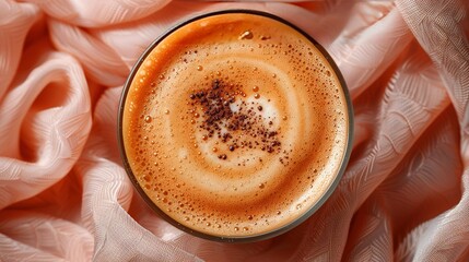 Wall Mural -   A close-up of a steaming cup of coffee resting on a plush bed of pink fabric, adorned with subtle brown speckles