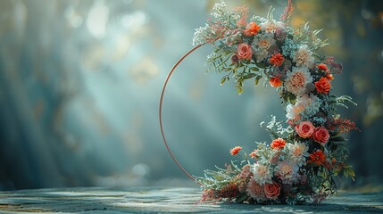 Wall Mural -   A wreath of flowers on a table bathed in sunlight streaming through the leaves and branches