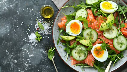 Wall Mural - Ketogenic diet breakfast. Salt salmon salad with greens, cucumbers, eggs and avocado. Keto/paleo lunch. Top view