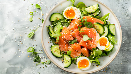 Wall Mural - Ketogenic diet breakfast. Salt salmon salad with greens, cucumbers, eggs and avocado. Keto/paleo lunch. Top view