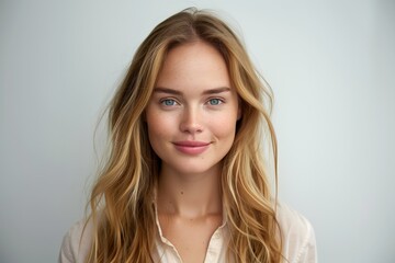 Wall Mural - A woman with blonde hair and blue eyes is smiling for the camera. She is wearing a white shirt and has a necklace around her neck