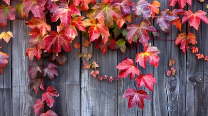 Wall Mural - Vibrant fall foliage against wooden backdrop