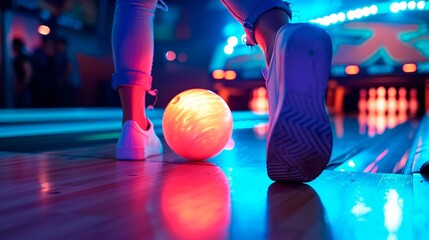 Wall Mural - legs of a young girl in sneakers and neon lights, bowling ball