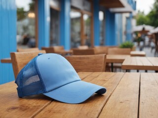 Sticker - Modern blue trucker cap mockup with mesh back, great for showcasing custom logos. Suitable for fashion, branding, and promotional use. High-quality and realistic display