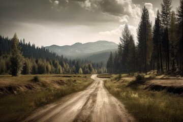 Beautiful place with green scenery, mountain, tree, sky, road, cloud.AI generated image.
