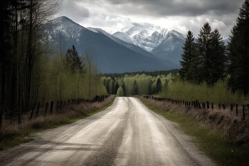 Beautiful place with green scenery, mountain, tree, sky, road, cloud.AI generated image.
