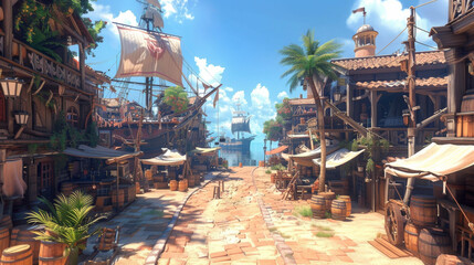 Wall Mural - A deserted street with a large ship in the distance