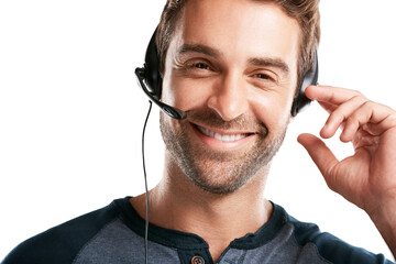 Sticker - Man, microphone and smile in studio as call center agent in white background for customer service. Employee, portrait and confident with headset for crm with pride for client support and advice