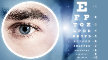 Poster -  Close-up of Eye with Eye Chart in Background. Concept of vision and eye care