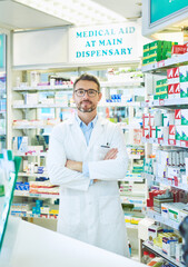 Poster - Pharmacy, pills and portrait of man with crossed arms for wellness, medicine and medical service. Healthcare, pharmaceutical and pharmacist in dispensary for medication, supplements and prescription