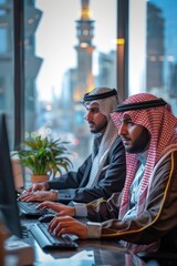 Wall Mural - Two Saudi men in traditional attire working in a modern office with a cityscape view