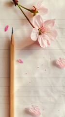 Poster - An elegant cherry blossom flower rests gently on a notepad beside a wooden pencil, capturing a serene and creative moment for writing inspiration.