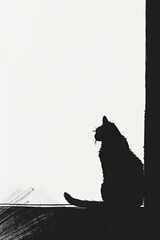 Wall Mural - A black and white sketch of a cat lounging on a windowsill