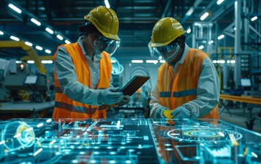 Poster - two workers in high vis gear using advanced technology in a futuristic factory