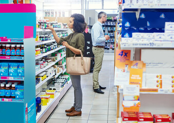 Wall Mural - Pharmacy, shopping and black woman in store for medicine, collect prescription and medical service. Healthcare, pharmaceutical and customers in dispensary for medication, wellness and supplements