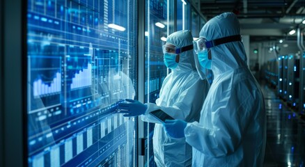 Poster - two workers in protective suits analyzing data on a digital screen in a technology facility