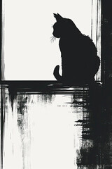 Wall Mural - A black and white sketch of a cat lounging on a windowsill