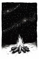 Poster - A black and white sketch of a campfire under the stars