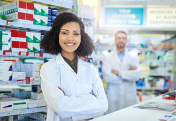 Canvas Print - Healthcare, smile and portrait of woman in pharmacy with service, advice and happy in drug store. Confidence, arms crossed and pharmacist with wellness, prescription medicine and health insurance