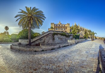 Panoramic image of Palma de Mallorca Cathedral in the evening light