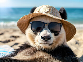 Cute panda is relaxing on the beach with a hat and glasses