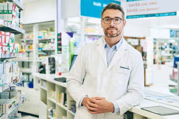 Poster - Pharmacy, healthcare and portrait of man for medicine, wellness and medical service. Drug store, pharmaceutical worker and person in dispensary for medication, supplements and inventory for pills