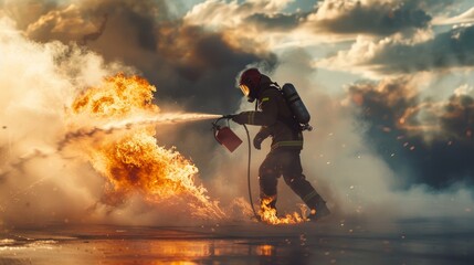 Wall Mural - Firefighter battling blaze with extinguisher.